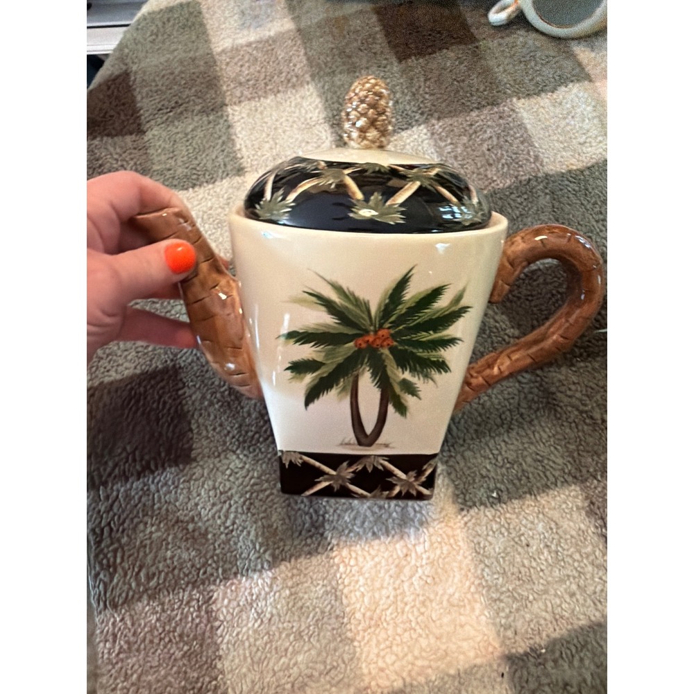 Pacific Rim Handpainted Ceramic Palm Tree Teapot Pineapple Finial Tropical Decor